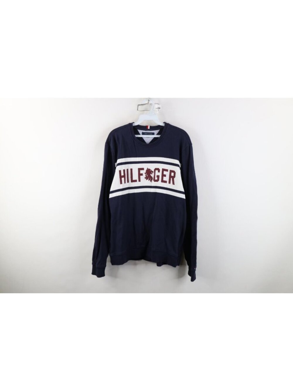 Y2K Tommy Hilfiger Mens Large Faded Spell Out Lion French Terry Sweatshirt Blue